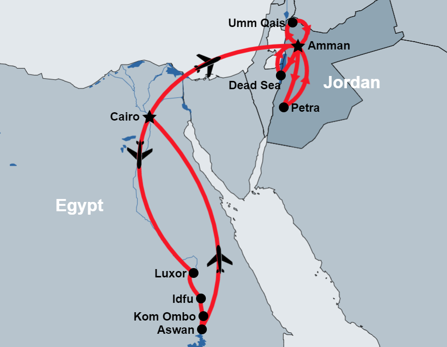 12 Day Highlights of Egypt Jordan Tour map 12 Day Highlights of Egypt Jordan Tour map